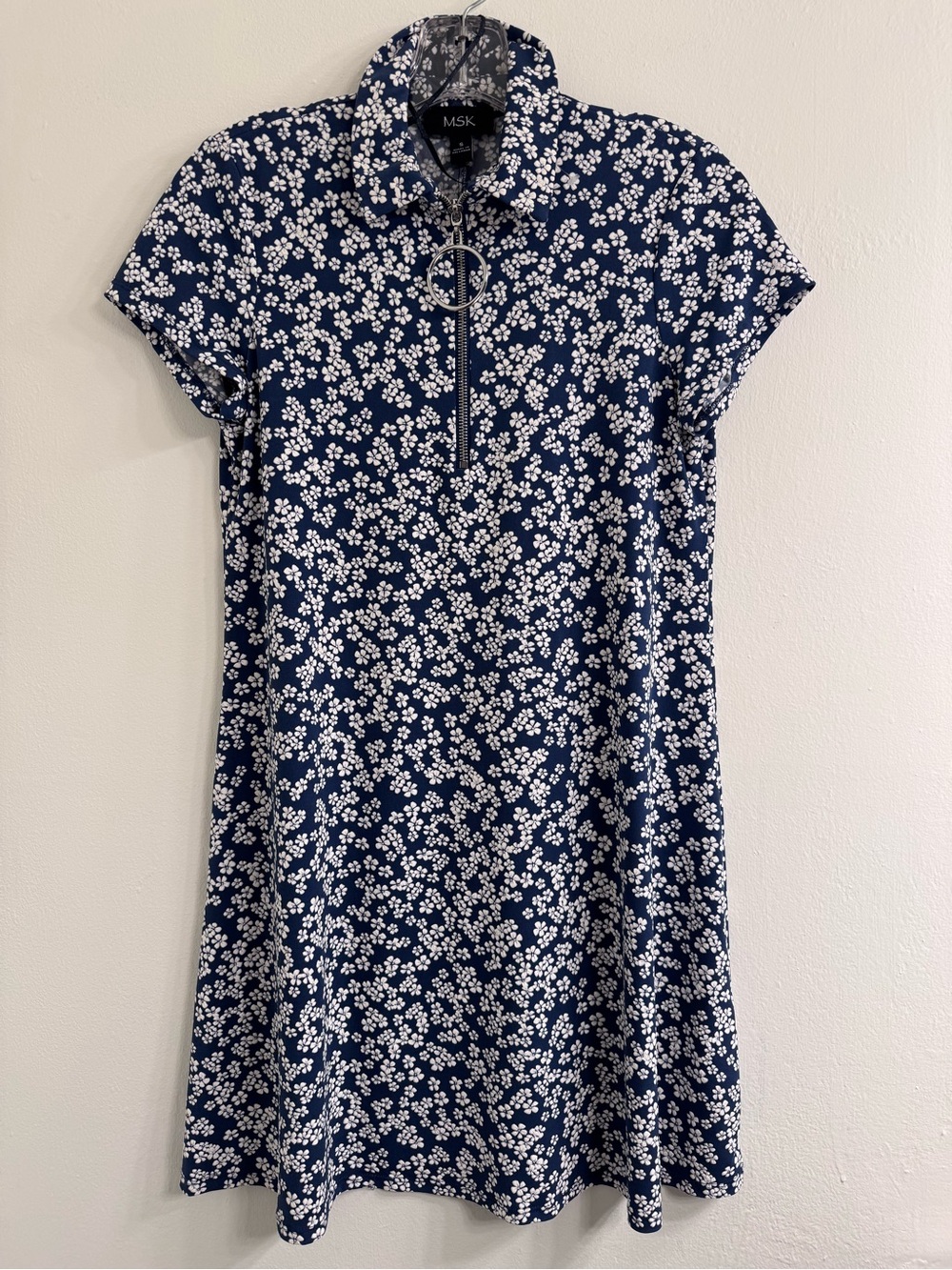 MSK Navy & White Floral Zip-Front A-Line Mini Dress